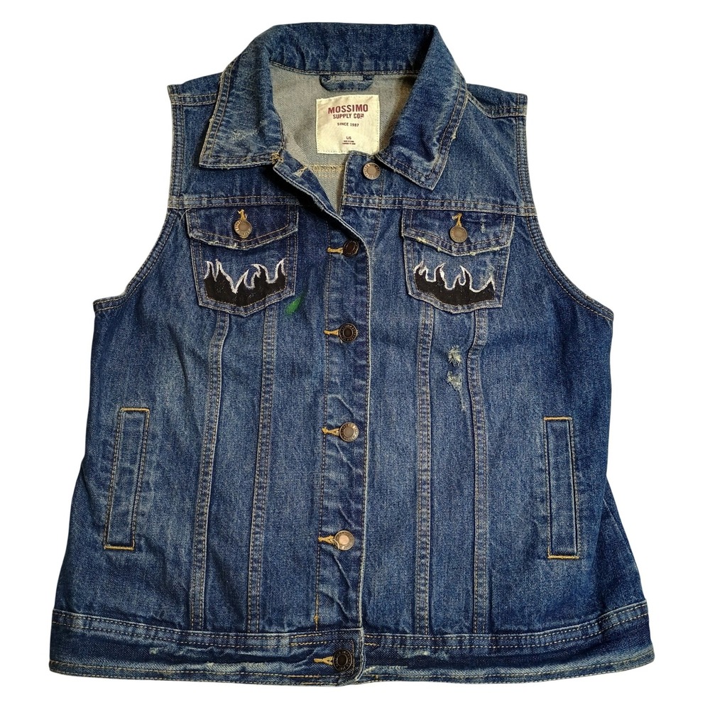 Mossimo Denim Vest Women Large Blue Custom Paint Starry Night Distressed Vintage